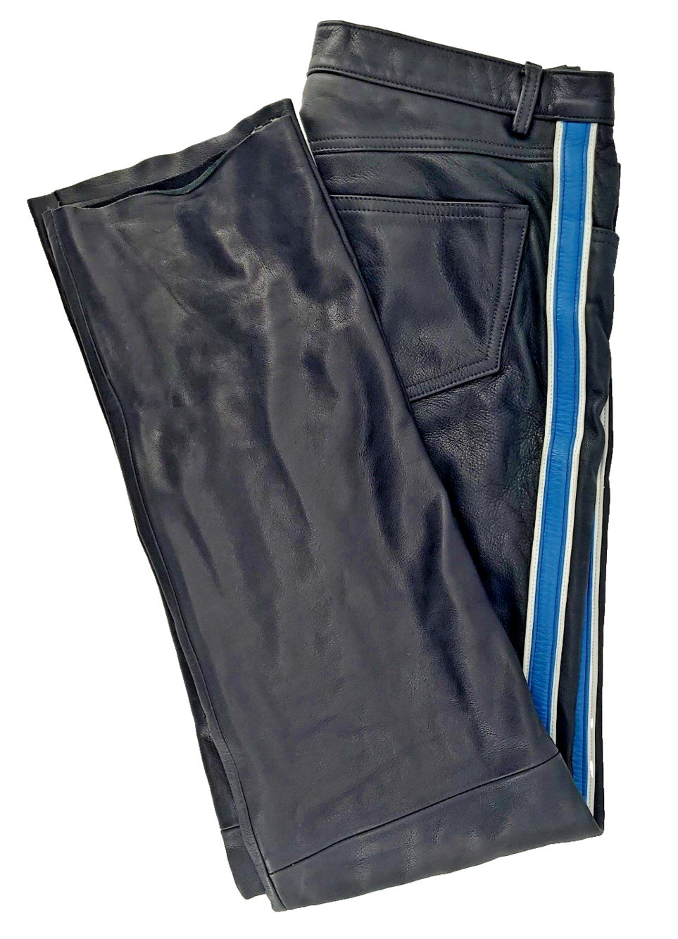 Northbound Leather Pants Mens 34x34 Black Blue White Stripe Biker Motorcycle Vtg